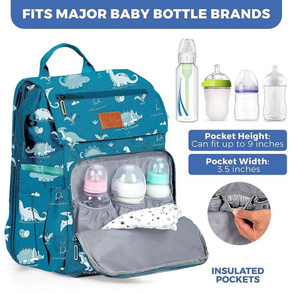 PILLANI Baby Diaper Bag Backpack - Large Waterproof Travel Diaper Bag for Boys & Girls, 16 Organizer Pockets with Changing Pad, Insulated Bottle Pockets & Stroller Straps, Baby Shower Gifts, Dinosaur