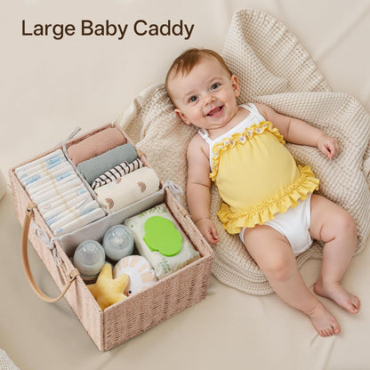 Angelhood Large Paper Rope Diaper Caddy, Baby Essentials Organizer, Portable Baby Shower Baskets Gift Bin, Car Storage Bag for Nursery