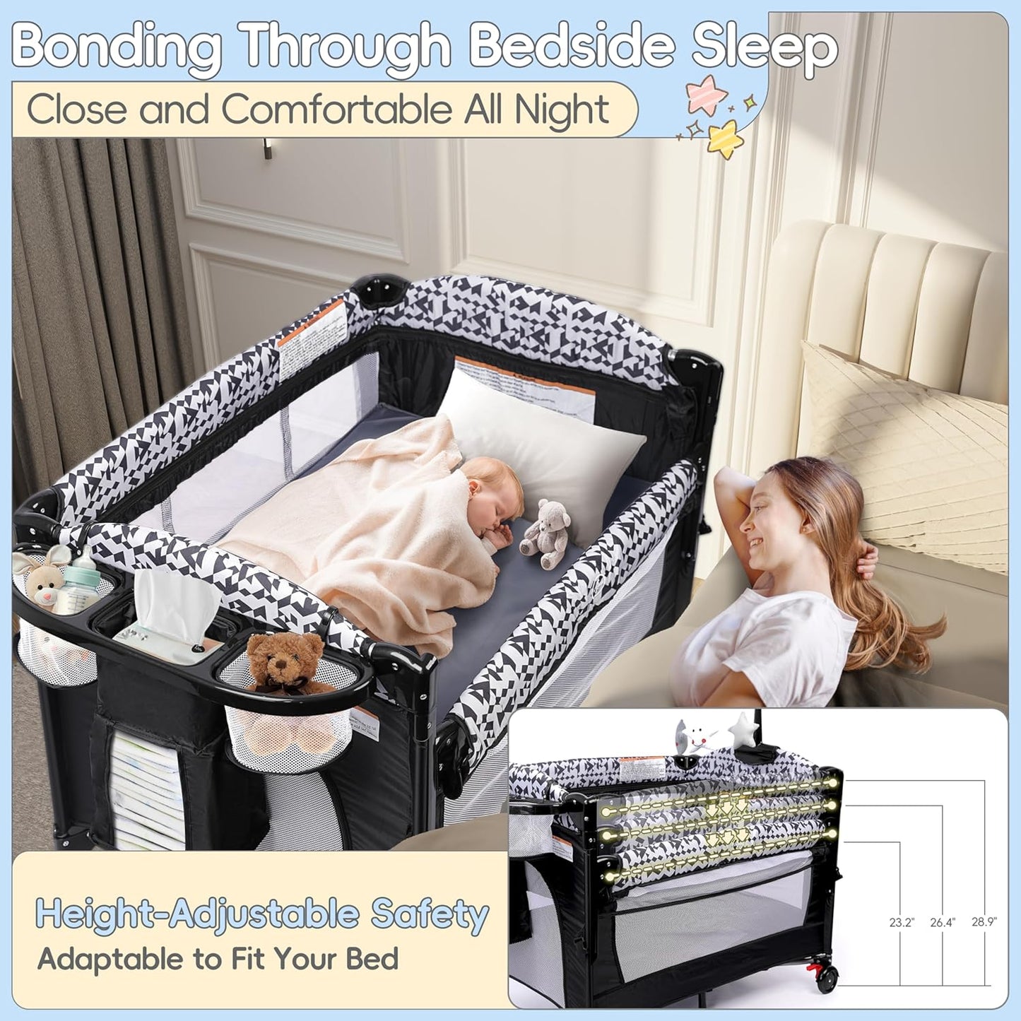 Xilingol 5-in-1 Pack and Play, Baby Bassinet Bedside Sleeper with Diaper Changer, Storage Bag & Music Box, Portable Baby Crib with Carry Bag, Foldable Playard with Bassinet for Newborn to Toddlers