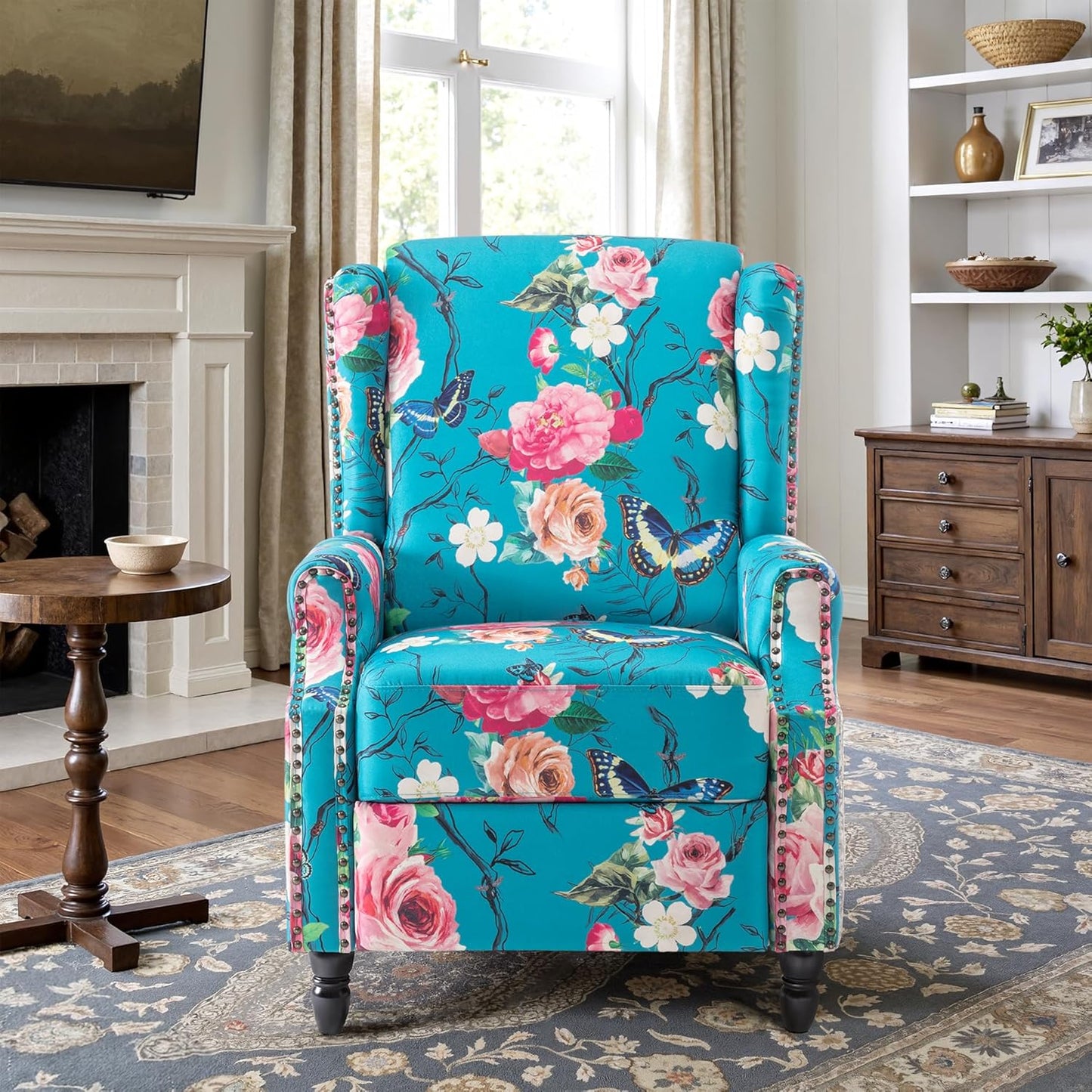 Swivel Rocker Recliner Chair, Manual Nursery Glider Recliner, Floral Fabric Wingback Accent Chair with Adjustable Backrest & Footrest for Small Spaces Living Room Bedroom (Plants Floral, Set of 1)