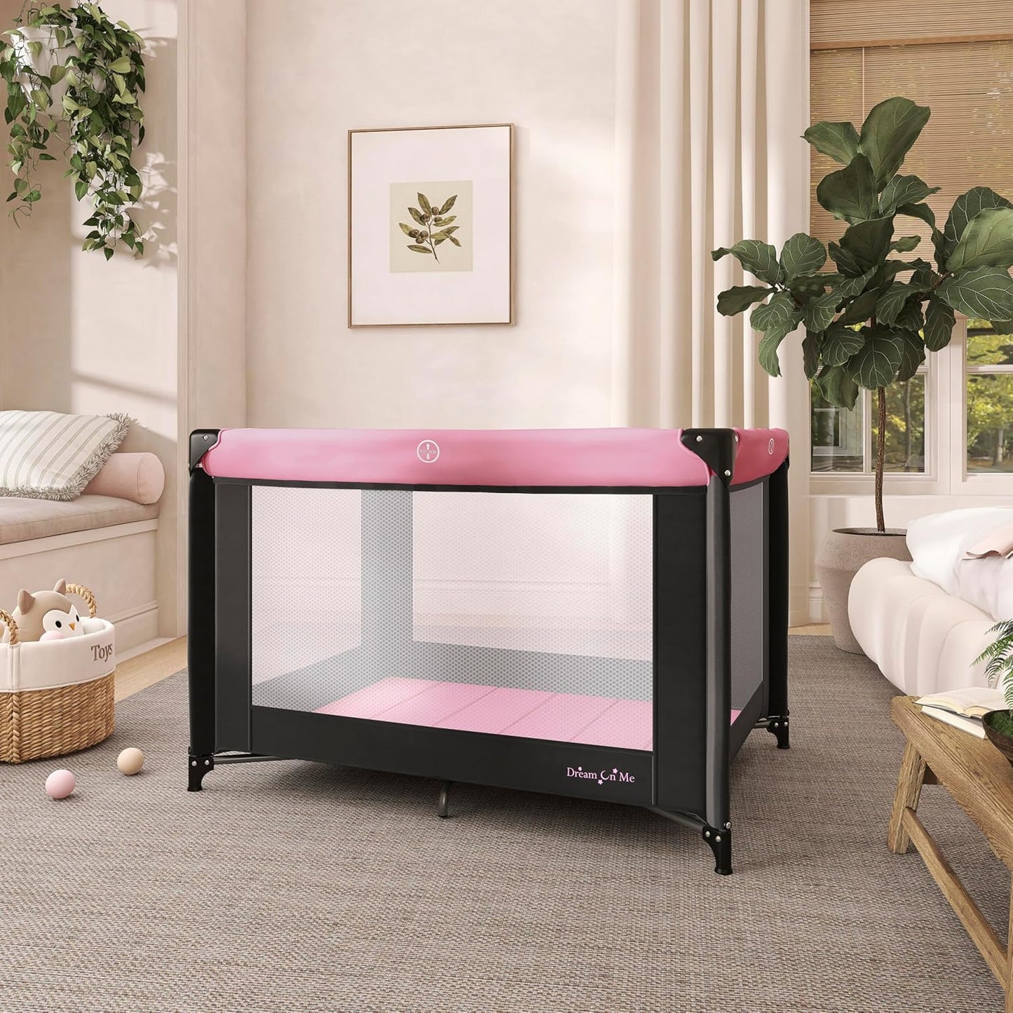 Dream On Me Zazzy Portable Playard with Bassinet in Black, Lightweight Packable and Easy Setup Baby Playard with Mattress and Travel Bag