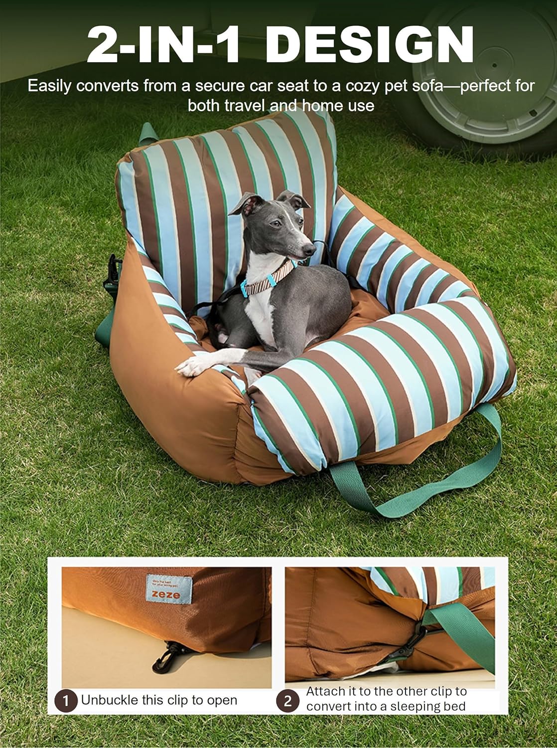 Zeze Portable Striped Pet Car Seat & Sofa Bed – Washable Travel Nest for Small Dogs & Cats