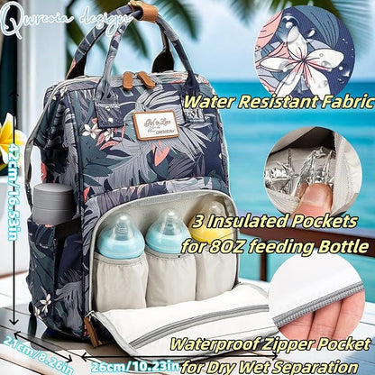 Floral Diaper Bag Backpack with USB Charging Port Stroller Straps and Insulated Pocket,Travel Nappy BackpackFor Women/Mum (Flower Pattern)