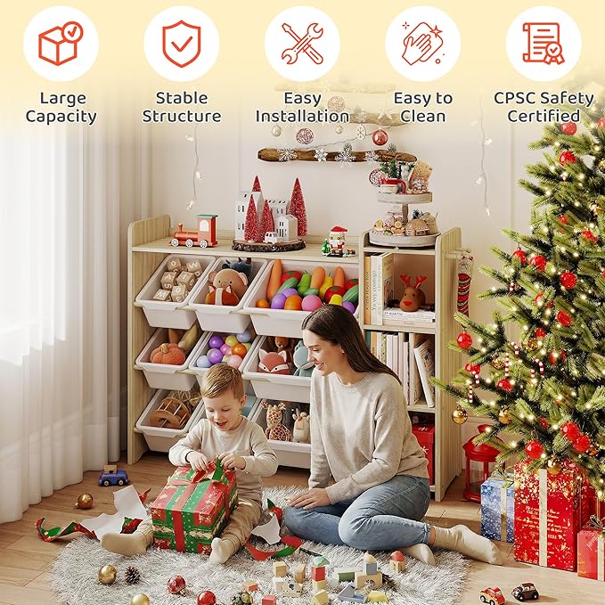 DOREROOM Toy Storage Organizer with Bookshelf, Kids Toy Storage and Organizers with 3 Shelves/9 Bins/3 Hooks, Bin Shelf, Toy Organization for Playroom, Nursery, Bedroom, Toddler Room | Wood & White