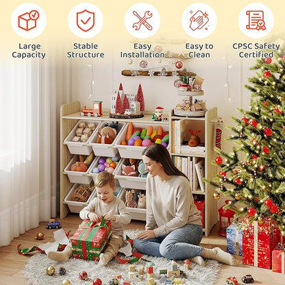 DOREROOM Toy Storage Organizer with Bookshelf, Kids Toy Storage and Organizers with 3 Shelves/9 Bins/3 Hooks, Bin Shelf, Toy Organization for Playroom, Nursery, Bedroom, Toddler Room | Wood & White