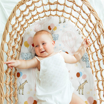Muslin Bassinet Fitted Sheets 2 Pack, Soft Breathable Cotton Baby Bassinet Mattress Sheet Set, 360° Elastic Snug Fit, Universal for Oval, Rectangle & Hourglass Cradle, Unisex Baby Bedding (Cute Cars)
