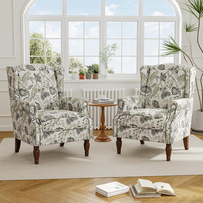 Swivel Rocker Recliner Chair, Manual Nursery Glider Recliner, Floral Fabric Wingback Accent Chair with Adjustable Backrest & Footrest for Small Spaces Living Room Bedroom (Plants Floral, Set of 1)