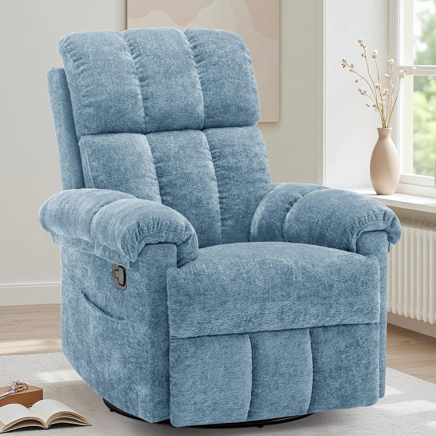 Korser Recliner Chair, Swivel Rocker Recliner Chair for Adults, Small Recliners for Small Spaces, Upholstered Manual Recliner with Side Pockets, Nursery Rocking Chair for Living Room, Chenille, Beige