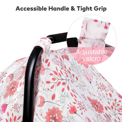 Rquite Car Seat Cover Baby for Girls Boys, 100% Muslin Cotton Infant Carseat Canopy, Soft Breathable Stroller Sun Shade & Newborn Shower Gift, Large Size Universal Fit Summer, Hot & Warm Weather
