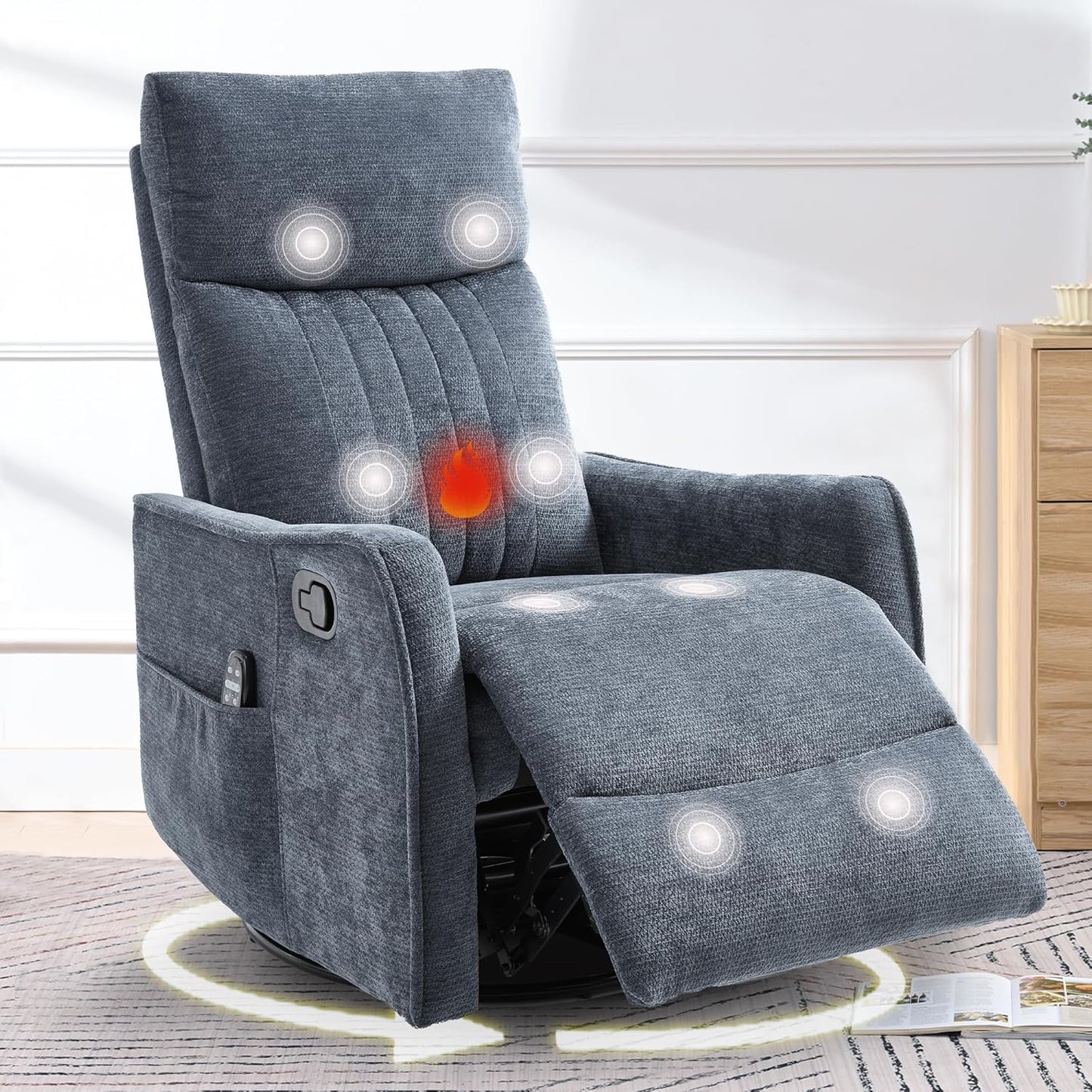 cinkehome Swivel Rocker Recliner, Glider Rocker Recliner Chair for Nursery, Manual Reclining Chair with Heated Massage, Small Spaces, Living Room, Khaki Chenille