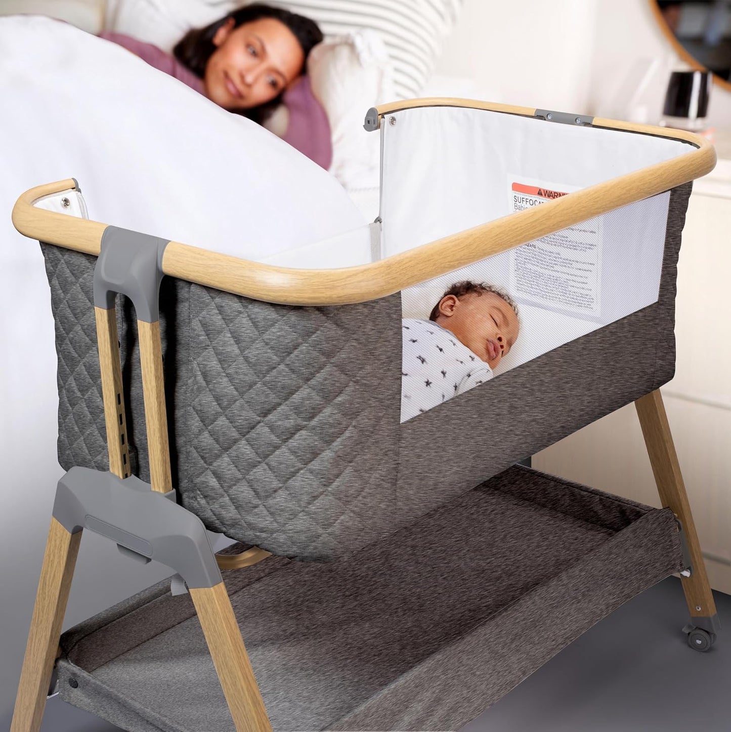 3 In 1 Baby Bassinet with Wheels, Portable Bedside Sleeper for Baby with 7 Adjustable Heights and Foam Mattress, Baby Bedside Crib for Newborns and Infants with Storage Basket, Carry Bag Included