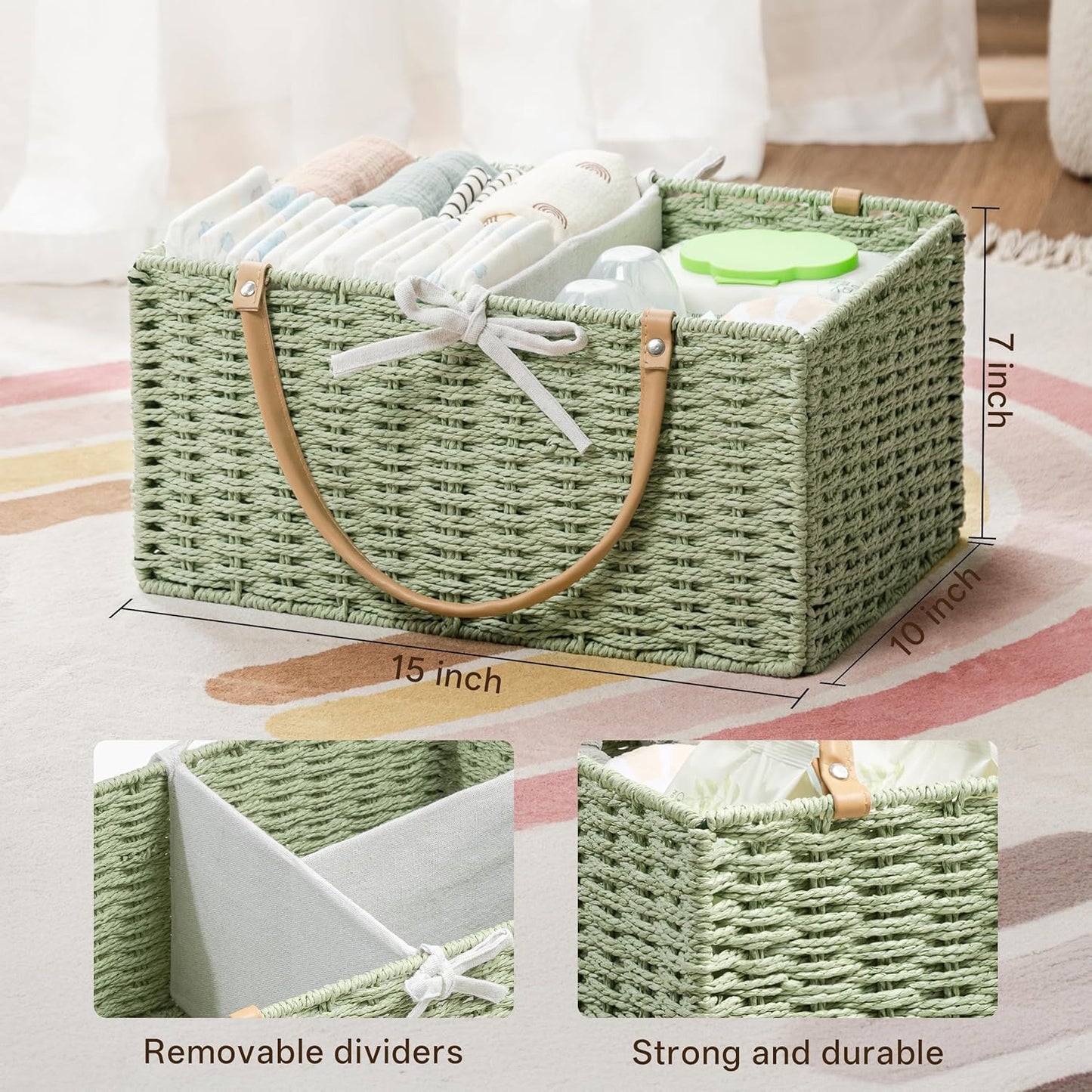 Angelhood Large Paper Rope Diaper Caddy, Baby Essentials Organizer, Portable Baby Shower Baskets Gift Bin, Car Storage Bag for Nursery