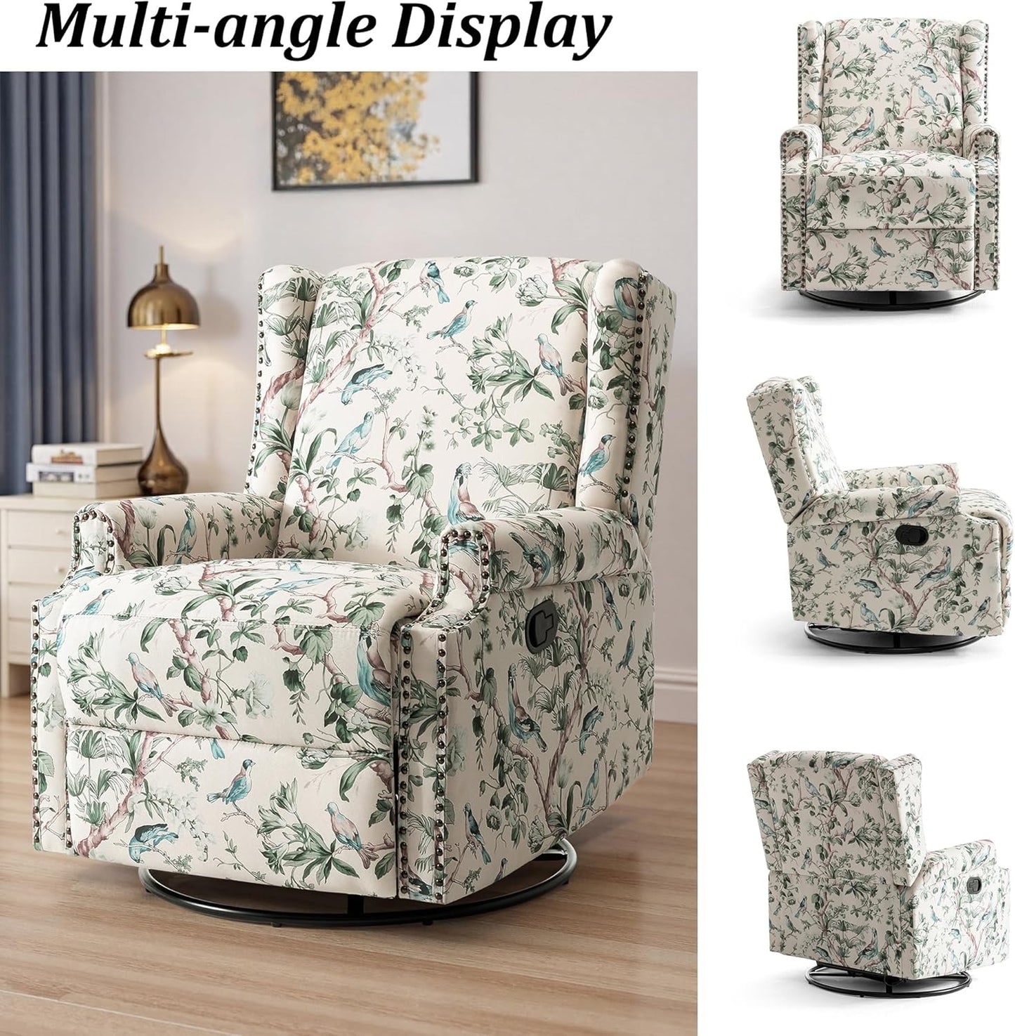 Swivel Rocker Recliner Chair, Manual Nursery Glider Recliner, Floral Fabric Wingback Accent Chair with Adjustable Backrest & Footrest for Small Spaces Living Room Bedroom (Plants Floral, Set of 1)