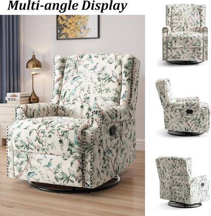 Swivel Rocker Recliner Chair, Manual Nursery Glider Recliner, Floral Fabric Wingback Accent Chair with Adjustable Backrest & Footrest for Small Spaces Living Room Bedroom (Plants Floral, Set of 1)