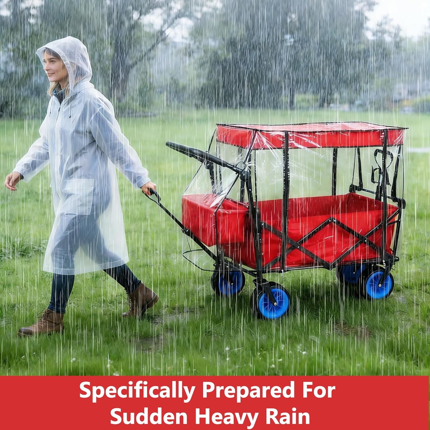 Universal Waterproof Wagon Cover, Two-Sided Zippers Clear PVC Rain Canopy with UV Protection, Windproof Design for Collapsible Carts, Strollers, Trolleys, Camping and Garden Use
