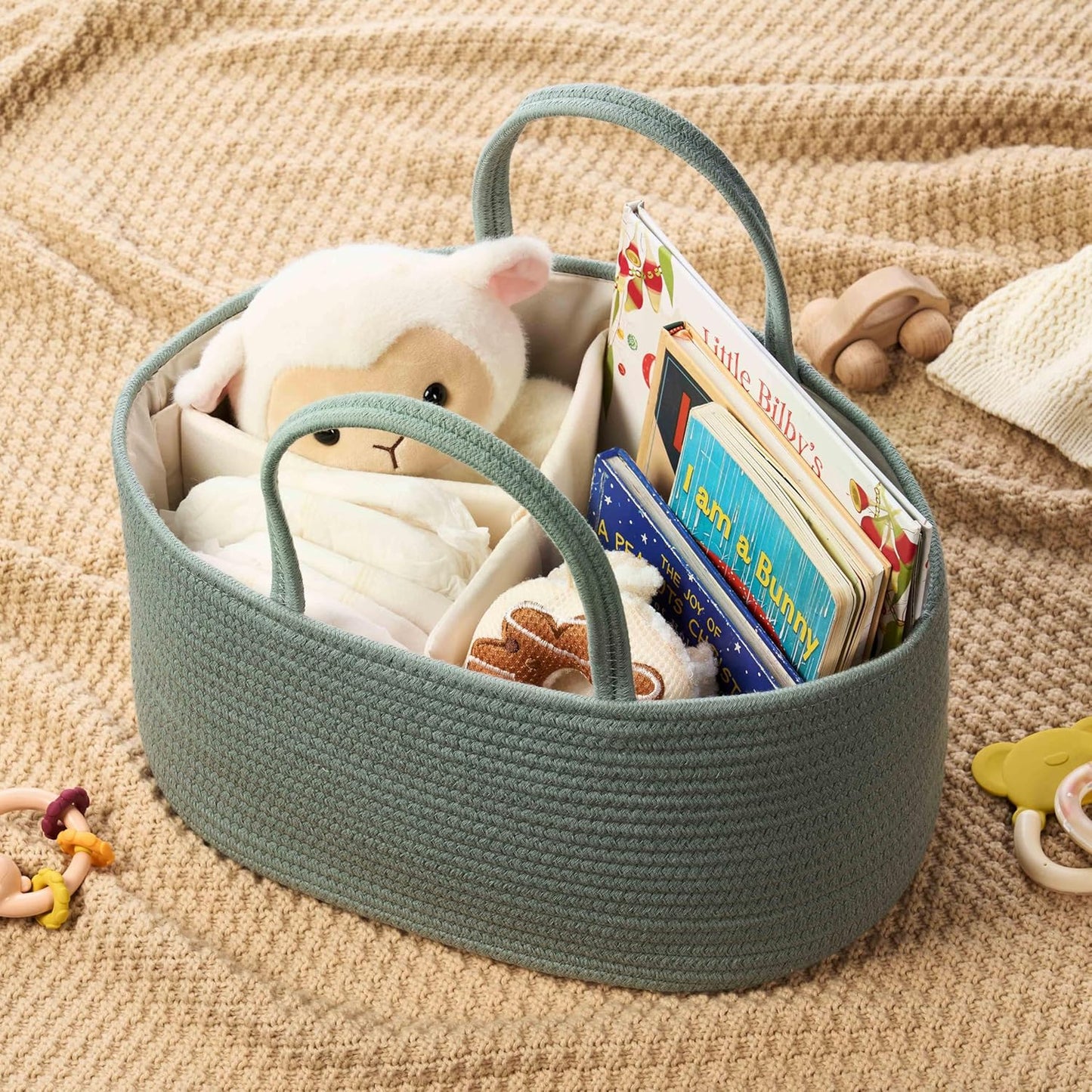 Diaper Caddy Organizer, Empty Gift Basket for Newborn Essentials, Baby Storage Basket, Stylish Gift Bag for Baby Shower, Boys and Girls – Small, White and Beige Brown