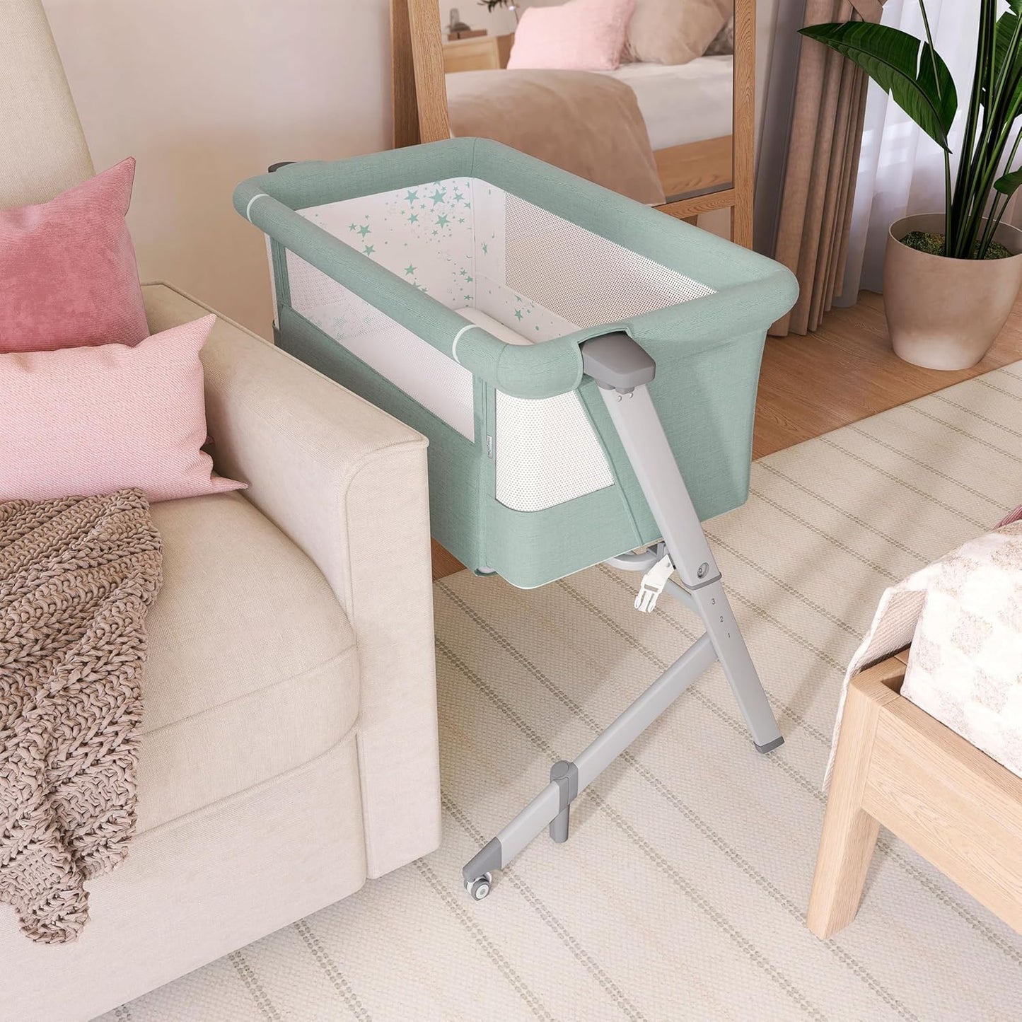Dream On Me Skylar Bassinet and Bedside Sleeper, Adjustable Heights, Breathable Mesh Sides, Plush Mattress Pad, Wheels with Safety Locks & Tool-Free Assembly, Compact Fold & Travel Bag - Pink