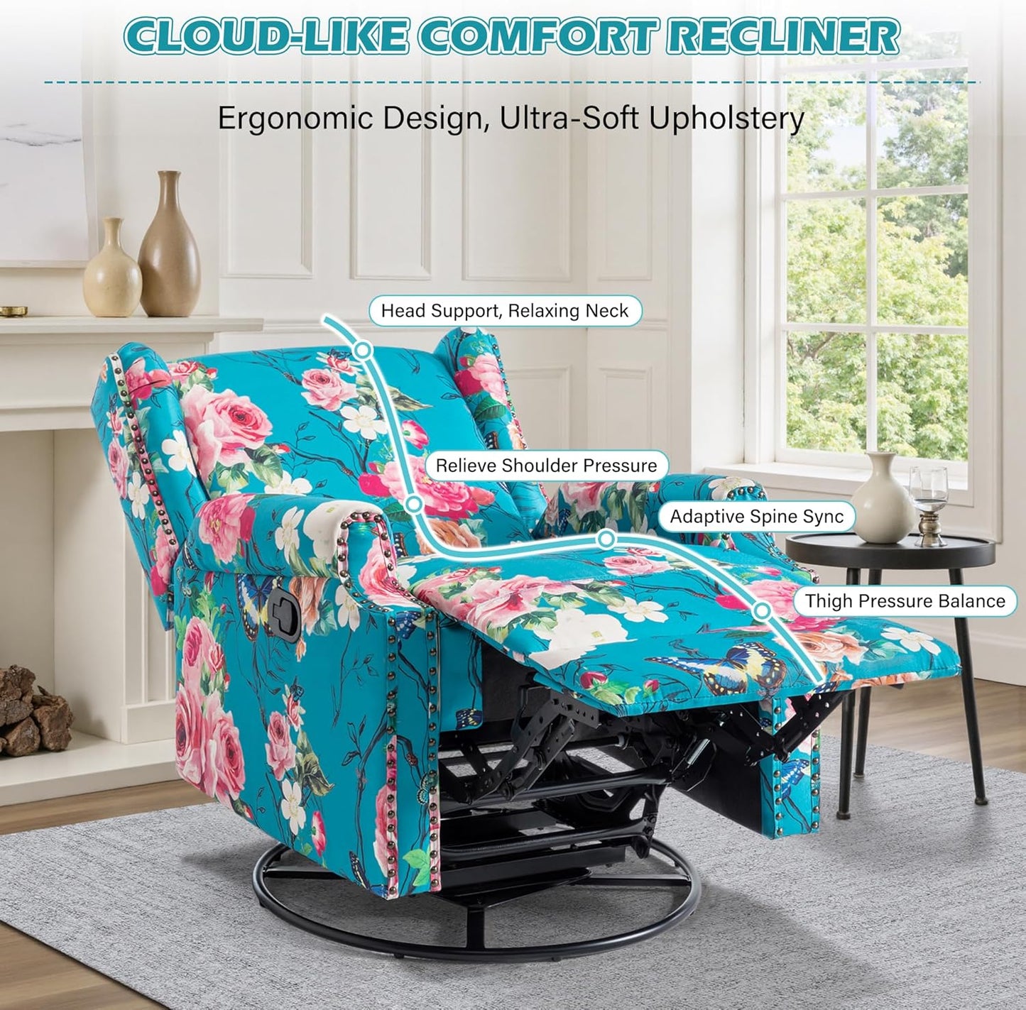 UIXE Swivel Glider Recliner Chair for Adults, High Back Nursery Rocker Floral Upholstered Armchair for Living Room, Manual Reclining Rivet Trim Sofa Lounge with Deep Seat in Fabric - Navy Blue