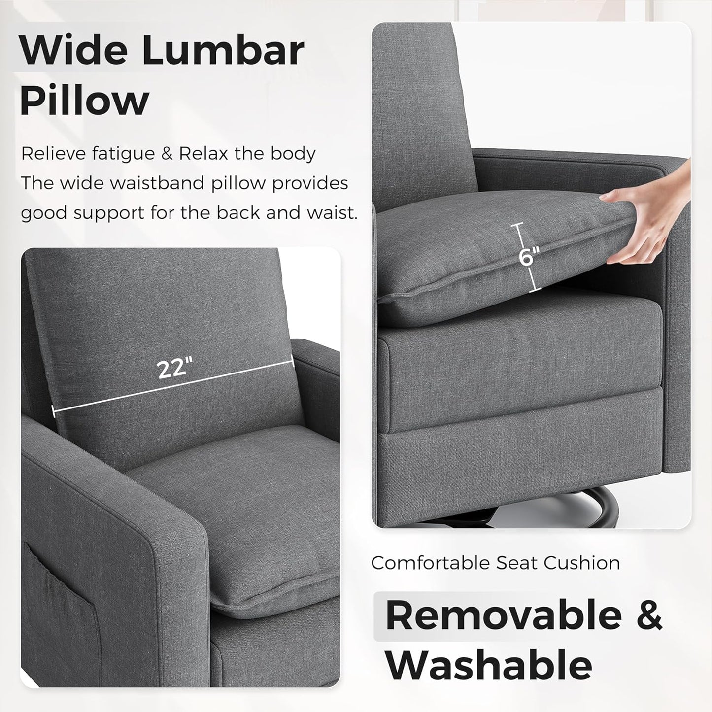 Amopatio Swivel Glider Recliner for Indoor, Nursery Rocker Chair Upholstered Single Sofa with Side Pockets and Footrest for Living Room Bedroom