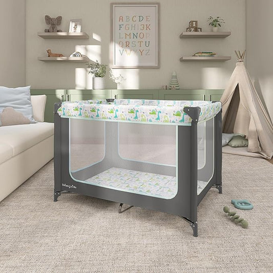 Dream On Me Zodiak Baby Playard, Breathable Mesh Sides, Soft Comfortable Mattress, Quick & Easy to Fold with Travel Carry Bag, Compact Space Saving Design - Grey/Green