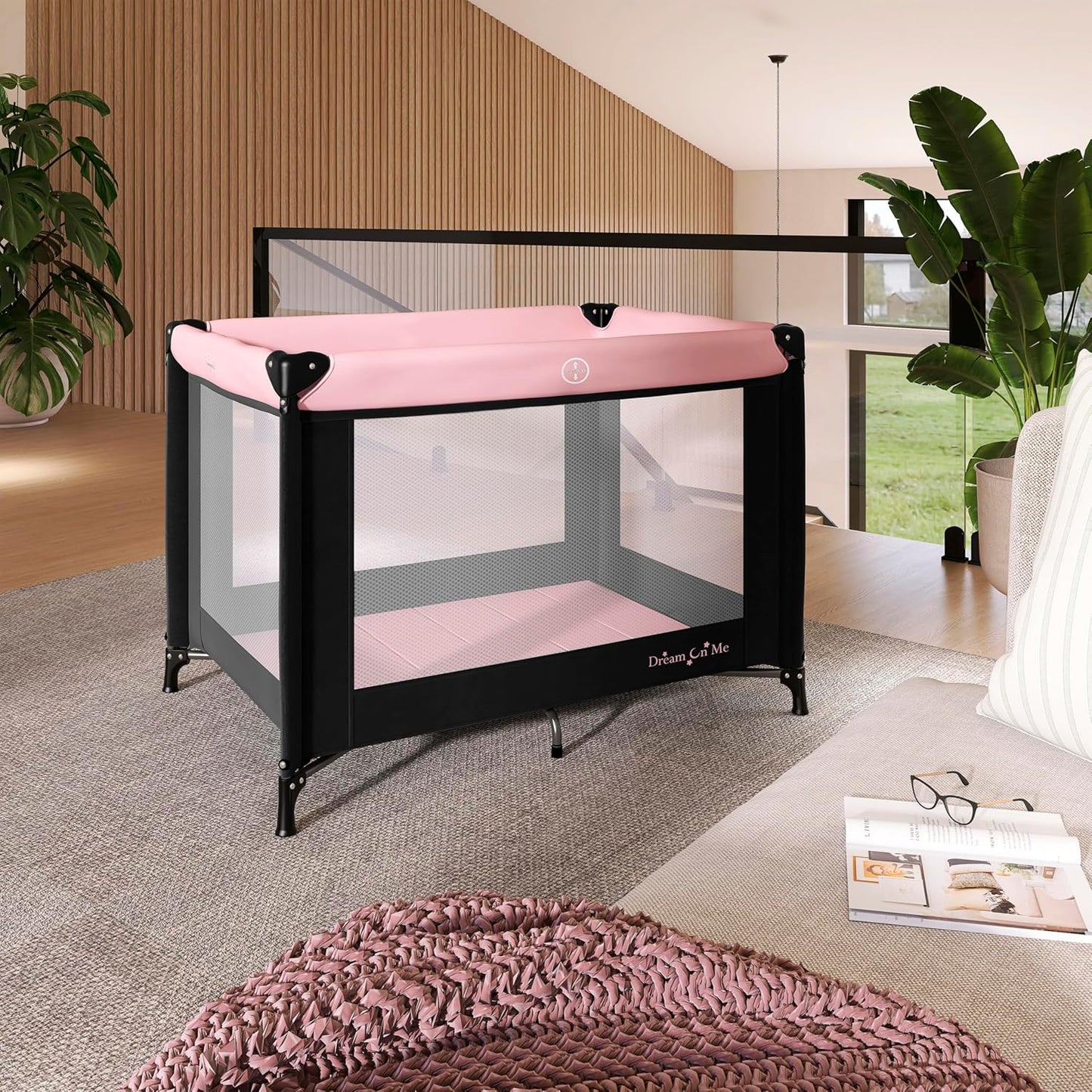 Dream On Me Nest Portable Playard in Black with Carrybag an Shoulder Strap, Lightweight, Packable and Easy Setup Baby Playard, Breathable Mesh Sides and Soft Fabric - Comes with a Removable Padded Mat