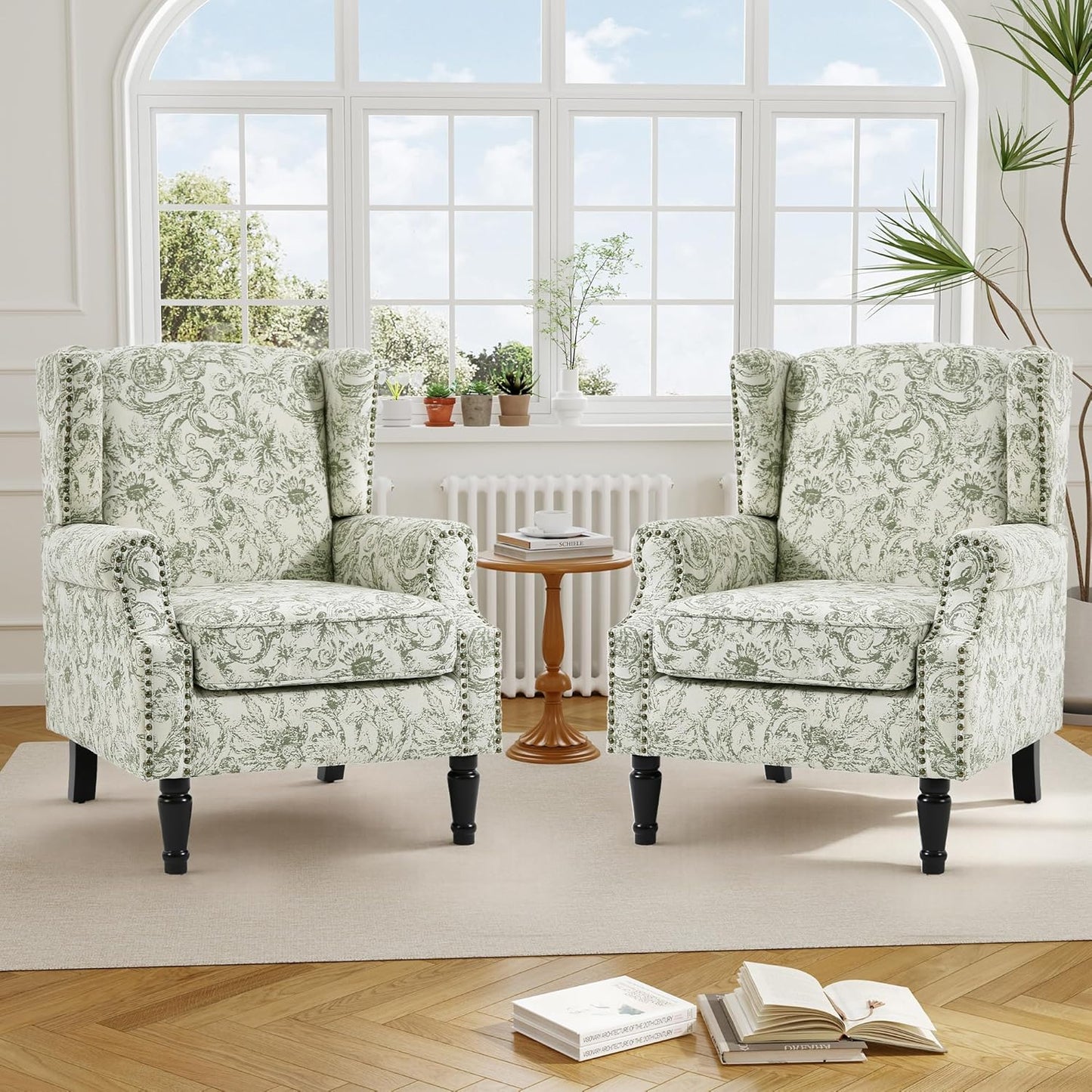 Swivel Rocker Recliner Chair, Manual Nursery Glider Recliner, Floral Fabric Wingback Accent Chair with Adjustable Backrest & Footrest for Small Spaces Living Room Bedroom (Plants Floral, Set of 1)