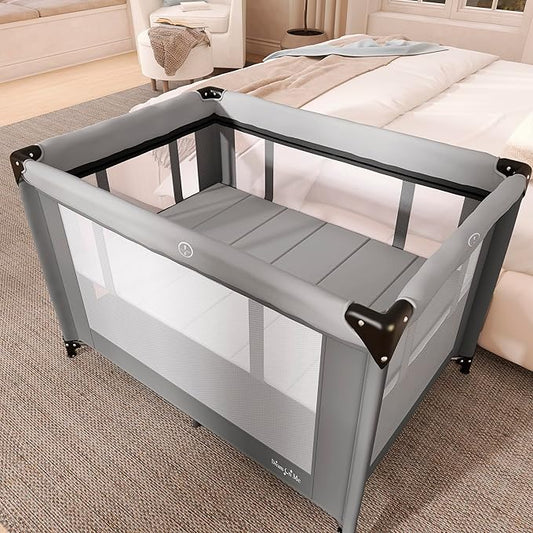 Dream On Me Zazzy Portable Playard with Bassinet - 360° Mesh Visibility, Quick Folding Travel Friendly Design, Carry Bag and Foldable Mattress Pad Included, Compact and Lightweight - Gray