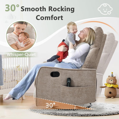 cinkehome Swivel Rocker Recliner, Glider Rocker Recliner Chair for Nursery, Manual Reclining Chair with Heated Massage, Small Spaces, Living Room, Khaki Chenille