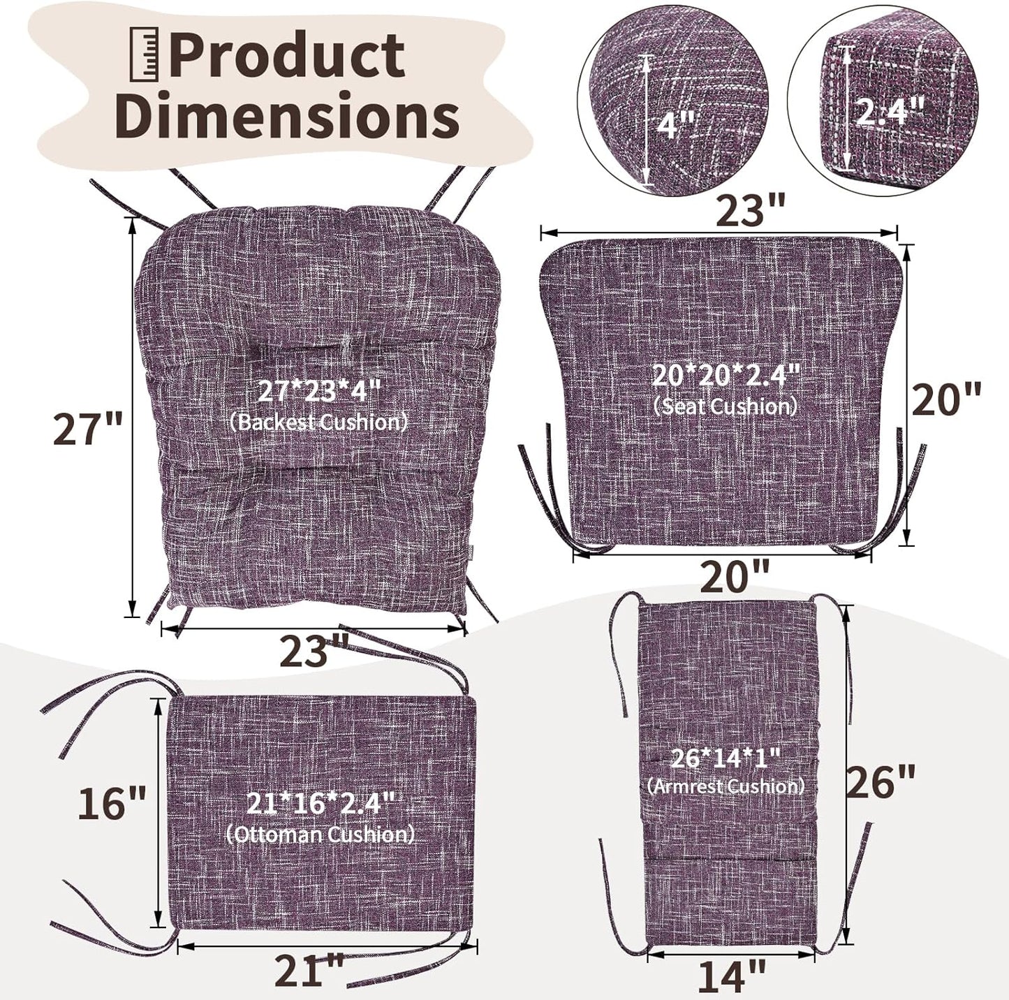 SINOSSO Glider Rocker Cushion Set (5 Pcs), Soft Blended Fabric High-Density Support Foam Seat Cushions with Ties, Fits Rocking Chair/Nursery Glider & Ottoman, Black-Gray