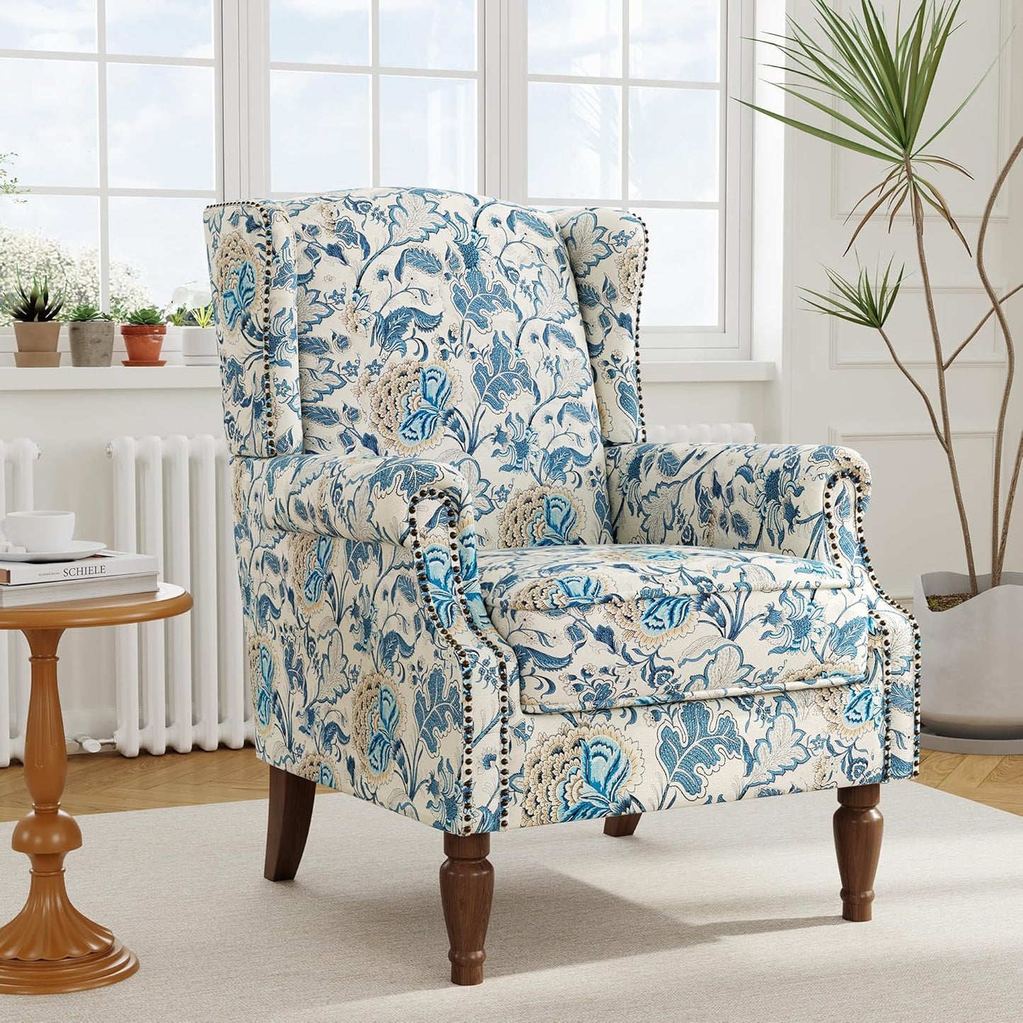 Swivel Rocker Recliner Chair, Manual Nursery Glider Recliner, Floral Fabric Wingback Accent Chair with Adjustable Backrest & Footrest for Small Spaces Living Room Bedroom (Plants Floral, Set of 1)