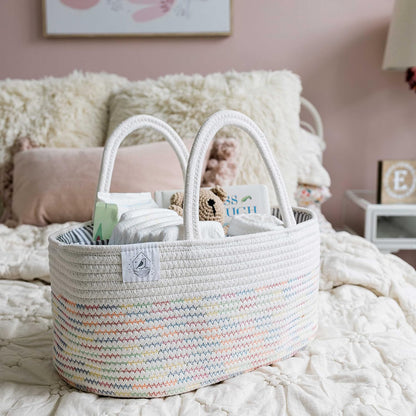 OrganiHaus Pastel Rainbow Nursery Storage Basket, Cotton Rope Toy & Diaper Caddy Organizer with Handles, Baby Diaper Organizer, Foldable Design, Machine Washable, Ideal for Baby Room & Laundry