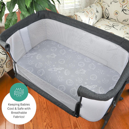 Bassinet Sheets for Papablic, CoZee, Cowiewie, Ezebaby, Nawahev Baby Bassinet Bedside Sleeper by TansyPanda, 3PC, 33x20, Ultra Soft, Breathable Snug Fit, Unisex Boys Girls, Gray White (Space Rockets)