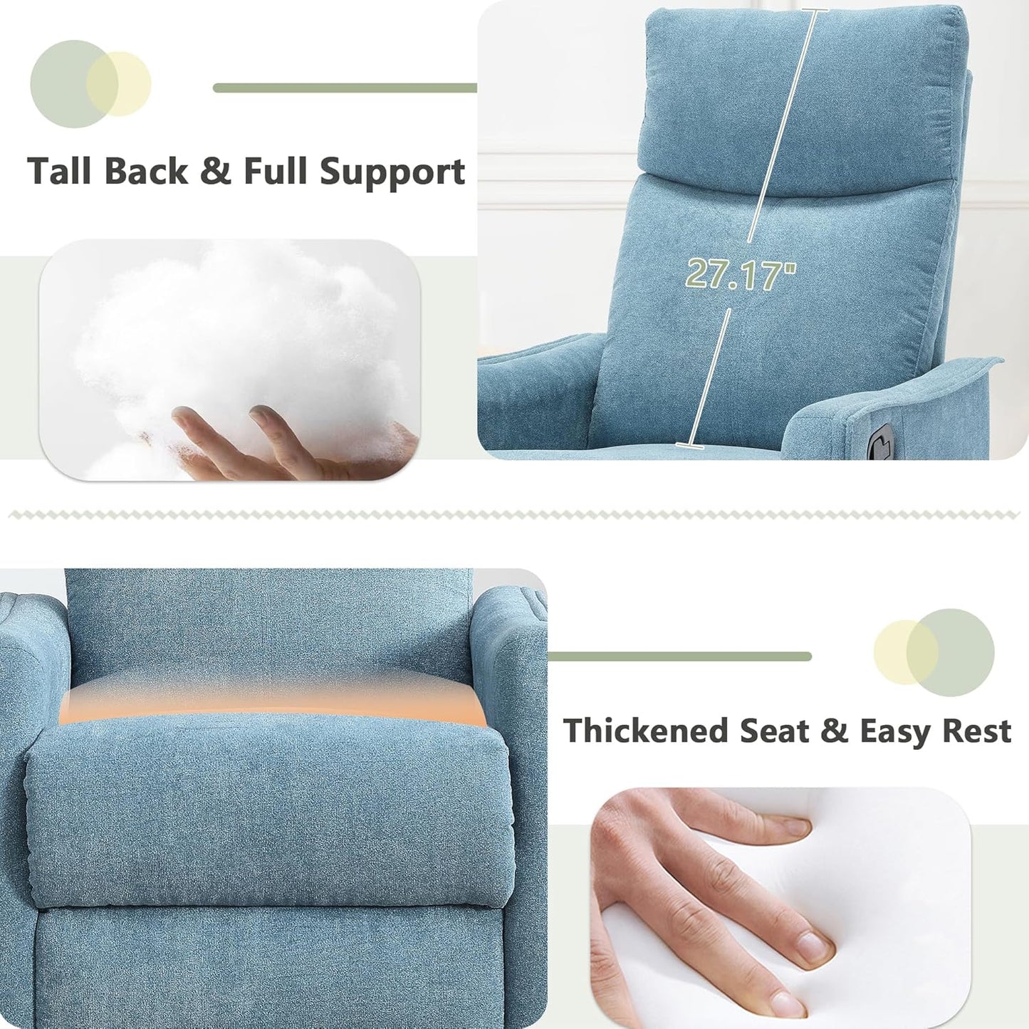 cinkehome Swivel Rocker Recliner, Glider Rocker Recliner Chair for Nursery, Manual Reclining Chair with Heated Massage, Small Spaces, Living Room, Khaki Chenille