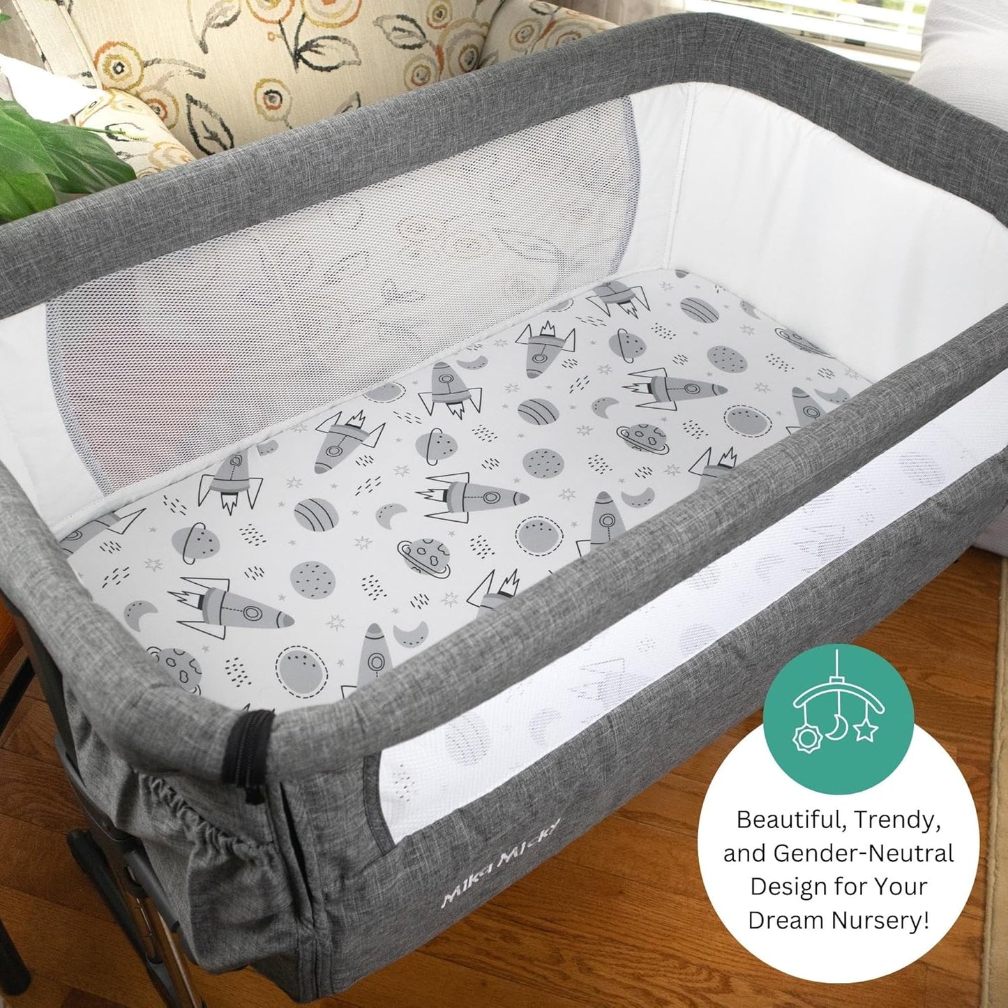Bassinet Sheets for Papablic, CoZee, Cowiewie, Ezebaby, Nawahev Baby Bassinet Bedside Sleeper by TansyPanda, 3PC, 33x20, Ultra Soft, Breathable Snug Fit, Unisex Boys Girls, Gray White (Space Rockets)