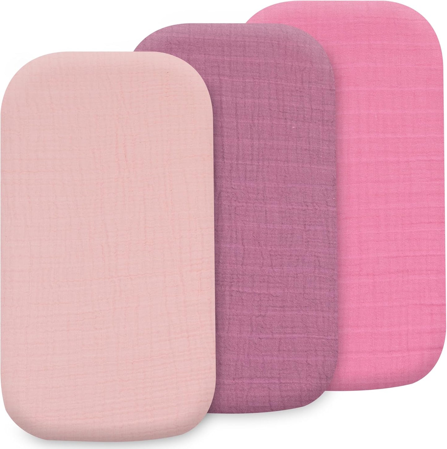 3-Pack Bedside Sleeper Bassinet Sheets | GOTS Certified Organic 100% Muslin Cotton | Ultra Soft & Breathable | 33×20×4” Fitted Sheets | Universal Fit 29–33” x 17–21” Pads