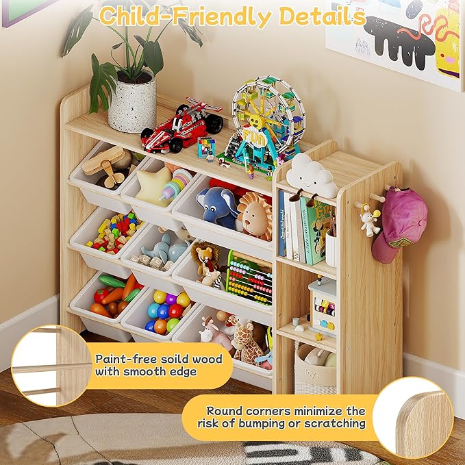 GITAWUSA Kids Toy Storage Organizer, Wooden Shelf with 3 Tiers and 9 Storage Bins, Nursery Room Organizer for Books and Toys, White and Natural Wood