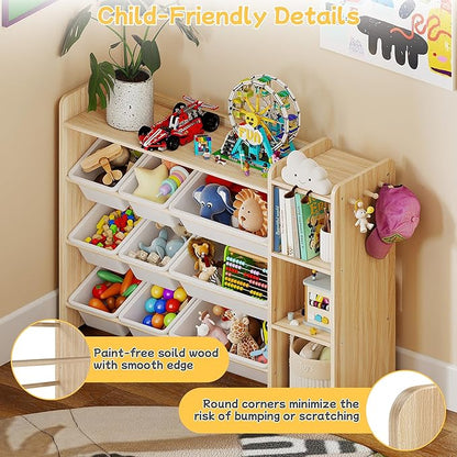 GITAWUSA Kids Toy Storage Organizer, Wooden Shelf with 3 Tiers and 9 Storage Bins, Nursery Room Organizer for Books and Toys, White and Natural Wood