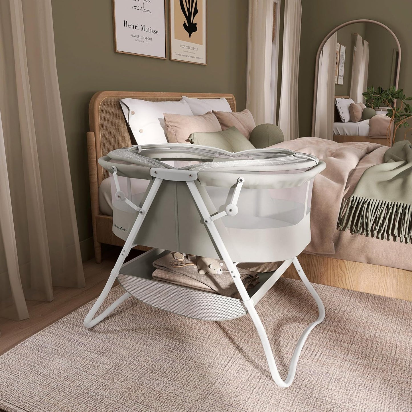Dream On Me Karley Bassinet, Award Winner Lightweight Travel Baby Bassinet, Foldable Bedside Sleeper, Adjustable Double Canopy, Spacious Design, Soft Fabric, Storage Basket – Blue and Grey