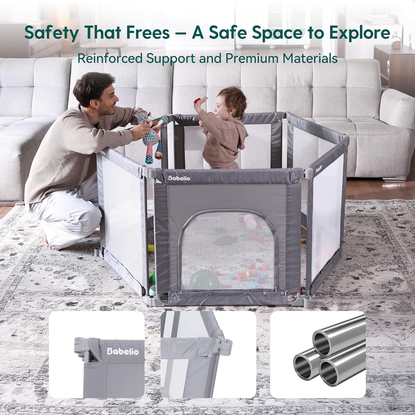Babelio Foldable Baby Playpen 46" × 46", Portable Playard for Babies and Toddlers, Parents' Picks Awards Winner, No Assembly Required, Indoor & Outdoor Kids Safety Play Pen Area, Travel Fence, Grey