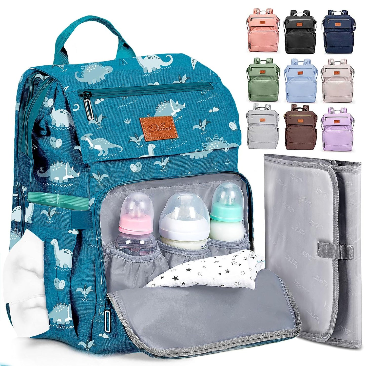 PILLANI Baby Diaper Bag Backpack - Large Waterproof Travel Diaper Bag for Boys & Girls, 16 Organizer Pockets with Changing Pad, Insulated Bottle Pockets & Stroller Straps, Baby Shower Gifts, Dinosaur
