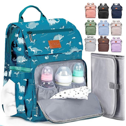 PILLANI Baby Diaper Bag Backpack - Large Waterproof Travel Diaper Bag for Boys & Girls, 16 Organizer Pockets with Changing Pad, Insulated Bottle Pockets & Stroller Straps, Baby Shower Gifts, Dinosaur
