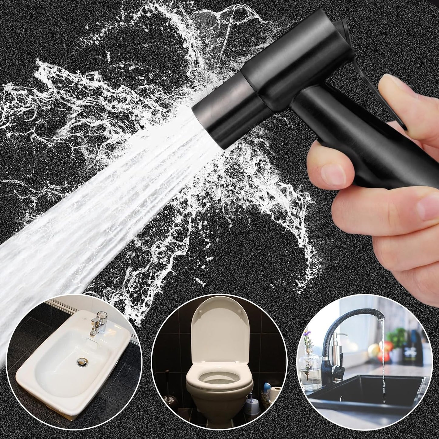 Mudder 2 Pieces Bidet Sprayer Head Stainless Steel Bidet Attachment for Toilet Handheld Cloth Bathroom Diaper Sprayer for Kitchen Adjustable Water Pressure Control (Black)