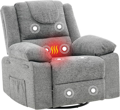 Adults Oversized Rocking Nursery Glider Recliner Chair,360° Swivel Rock Recliner Chairs Single Sofa with Vibration Massage and Heating for Living Room/Bedroom,Blue