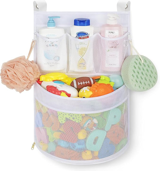 Ligereza Baby Bath Toy Organizer, quick drying， and mould proof, Multiple-Suspension Bath Toy Holder, Large Capacity Multi Use Bathtub Toy Storage Bag（1 Large, White）