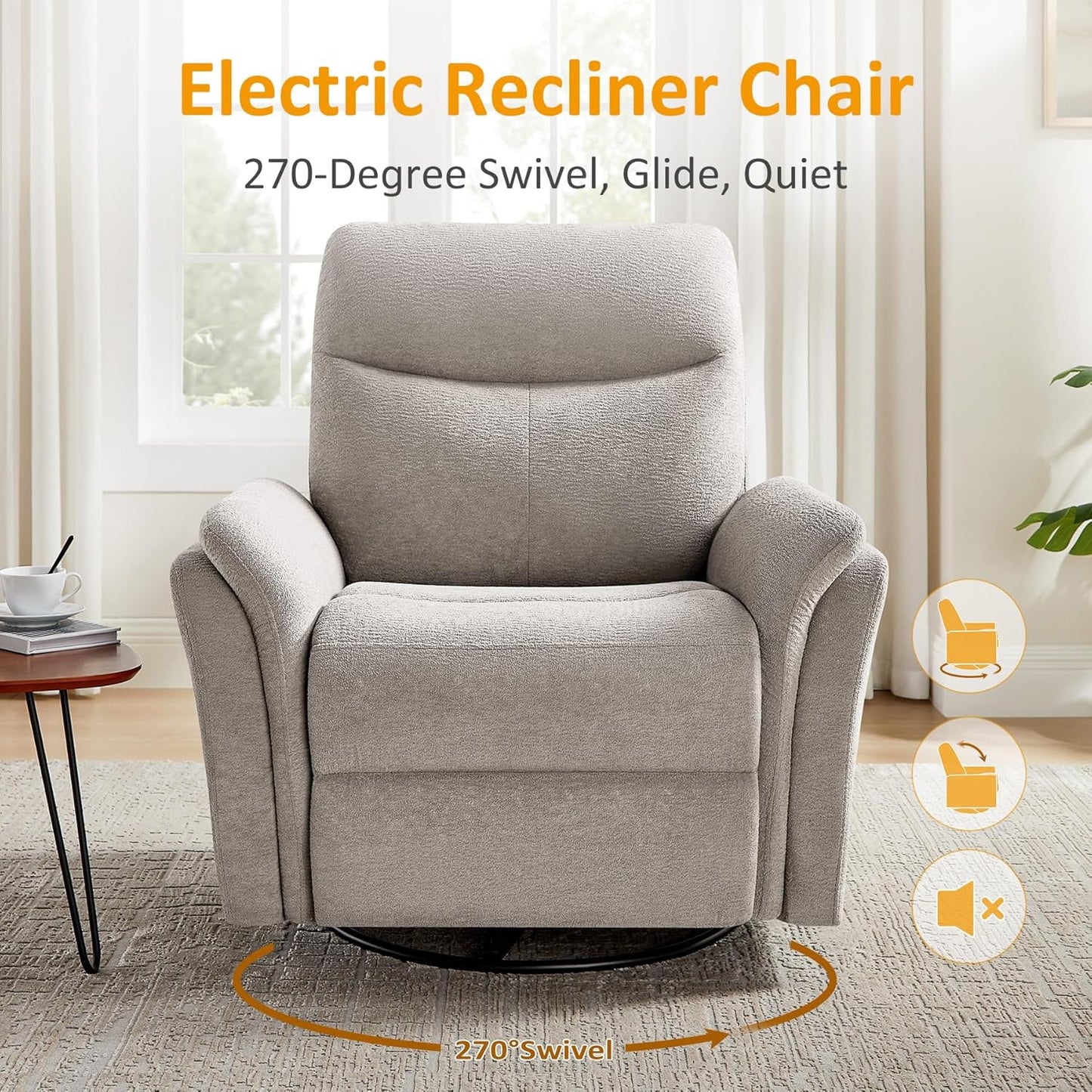 VANOMi Power Recliner Chair Swivel Glider, Electric Rocking Recliner Chairs with USB and Type-C Ports, Nursery Chair Recliner for Living Room, Bedroom, Apartment（Camel）
