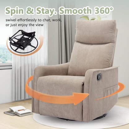 cinkehome Swivel Rocker Recliner, Glider Rocker Recliner Chair for Nursery, Manual Reclining Chair with Heated Massage, Small Spaces, Living Room, Khaki Chenille