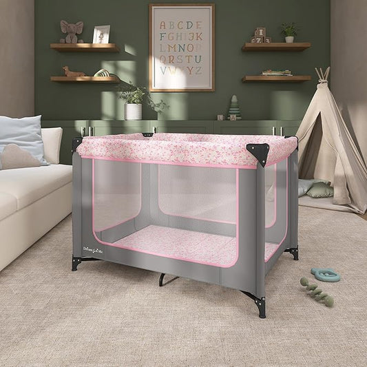 Dream On Me Zodiak Baby Playard, Breathable Mesh Sides, Soft Comfortable Mattress, Quick & Easy to Fold with Travel Carry Bag, Compact Space Saving Design - Grey & Pink