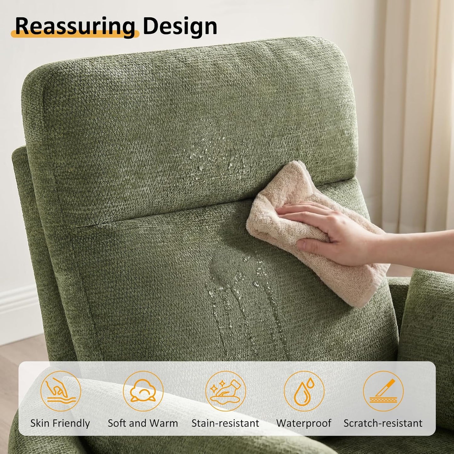 Nursery Rocking Chair, Oversized 360° Swivel Glider Recliner Chair, Upholstered Nursery Rocker with 2 Pillows and Footrest, Cozy Reclining Sofa for Living Room, Bedroom, Nursing, Olive