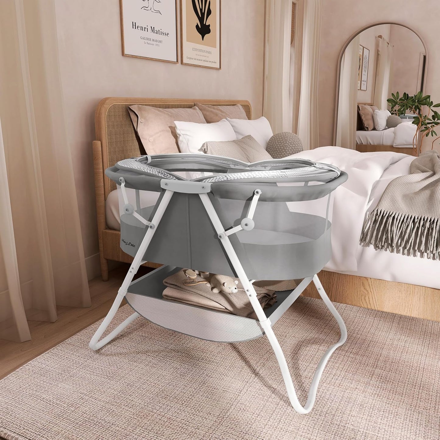 Dream On Me Karley Bassinet, Award Winner Lightweight Travel Baby Bassinet, Foldable Bedside Sleeper, Adjustable Double Canopy, Spacious Design, Soft Fabric, Storage Basket – Blue and Grey