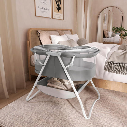 Dream On Me Karley Bassinet, Award Winner Lightweight Travel Baby Bassinet, Foldable Bedside Sleeper, Adjustable Double Canopy, Spacious Design, Soft Fabric, Storage Basket – Blue and Grey
